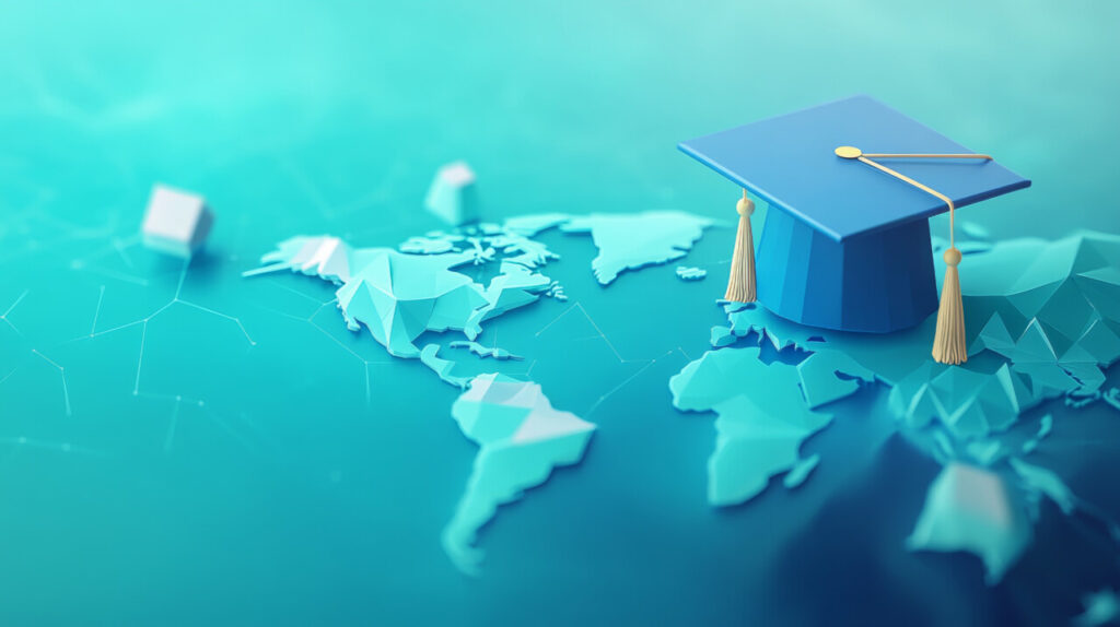 A modern banner design showcasing an online graduate certificate program. The banner features a low poly 3D graduation cap placed on a world map, symbolizing global online learning opportunities.