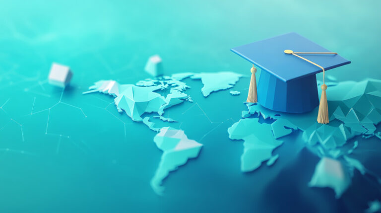 A modern banner design showcasing an online graduate certificate program. The banner features a low poly 3D graduation cap placed on a world map, symbolizing global online learning opportunities.