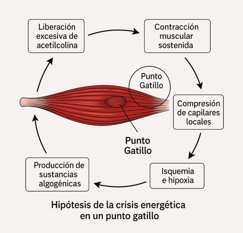 Esquema de la hipótesis de la crisis energética de un punto gatillo miofascial (PGM)