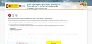 Página de bienvenida del sistema de farmacovigilancia veterinaria en España