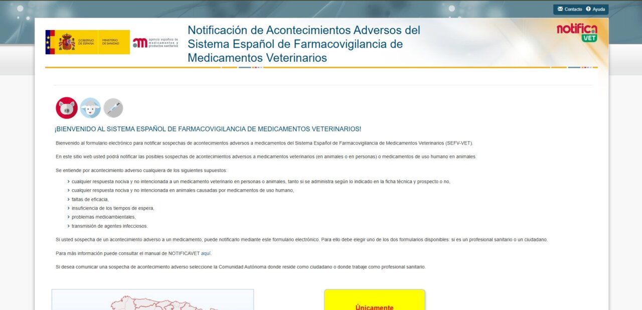 Página de bienvenida del sistema de farmacovigilancia veterinaria en España