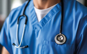 Médico con uniforme azul y estetoscopio en el pecho