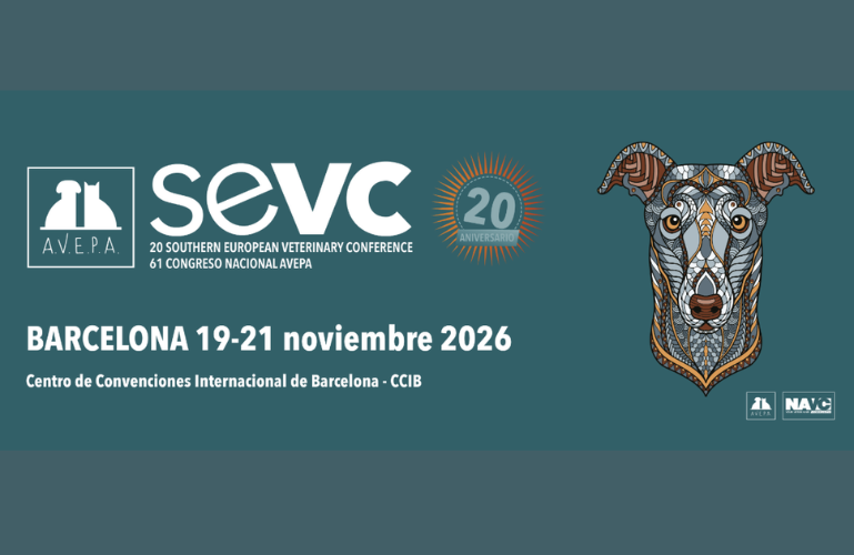 Cartel gráfico del congreso AVEPA-SEVC con fechas y sede en Barcelona.