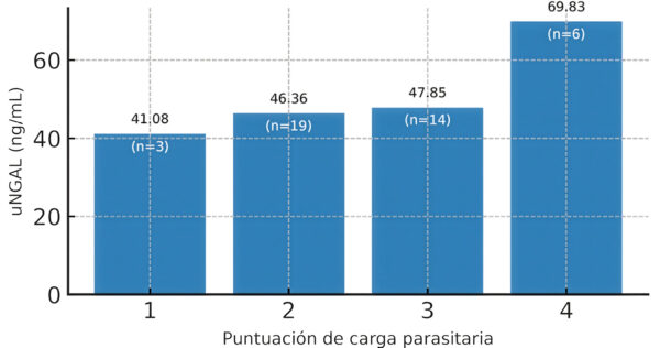 Gráfico de barras que muestra las concentraciones medias de uNGAL (ng/mL) en perros infectados de forma natural con Dirofilaria immitis.