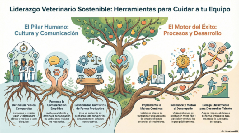Infografía sobre liderazgo veterinario sostenible y herramientas para el equipo