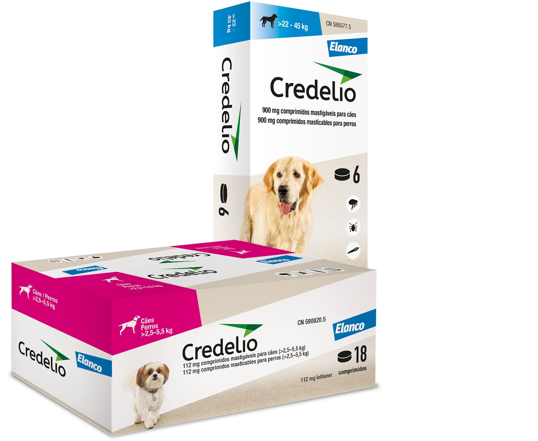 Cajas de Credelio para perros de diferentes tamaños y pesos