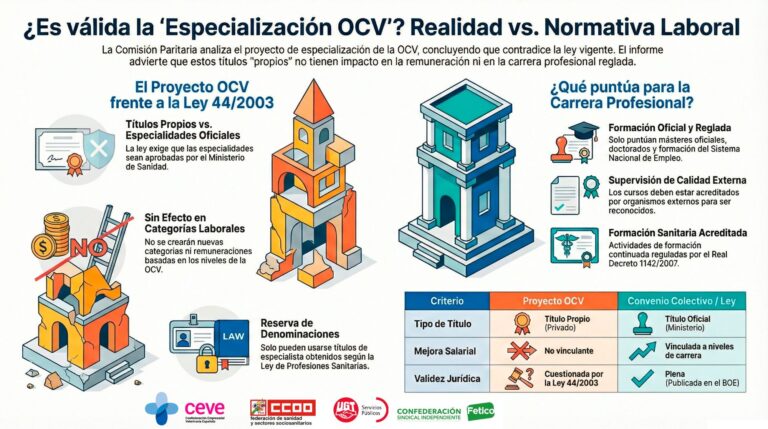 Infografía sobre la especialización OCV y normativa laboral vigente