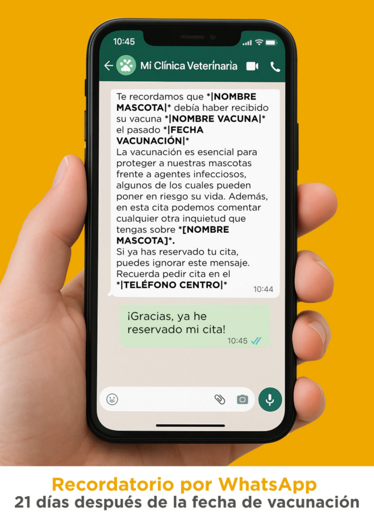 Mensaje de recordatorio de vacunación para mascotas en WhatsApp