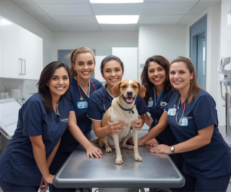 Grupo de veterinarias sonrientes con un perro en consulta