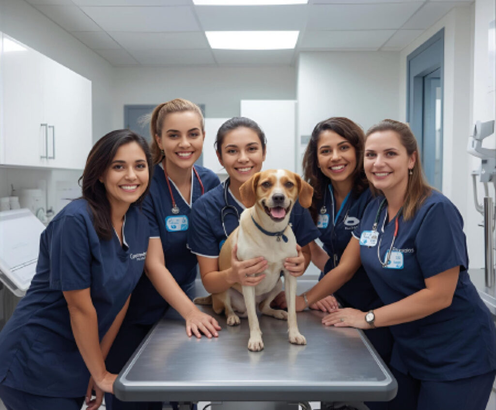 Grupo de veterinarias sonrientes con un perro en consulta