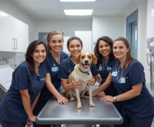 Grupo de veterinarias sonrientes con un perro en consulta