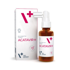 Frasco y caja del producto Acatavir. Un gel oral de apoyo antiviral local, indicado para infecciones respiratorias y orales en gatos causadas por el Herpesvirus felino (FHV-1) y el Calicivirus felino (FCV)