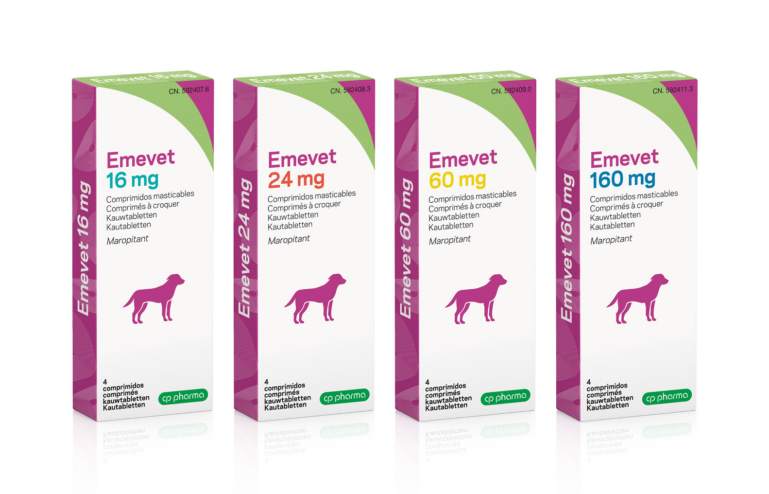 Cajas de comprimidos masticables Emevet para perros en diferentes dosis