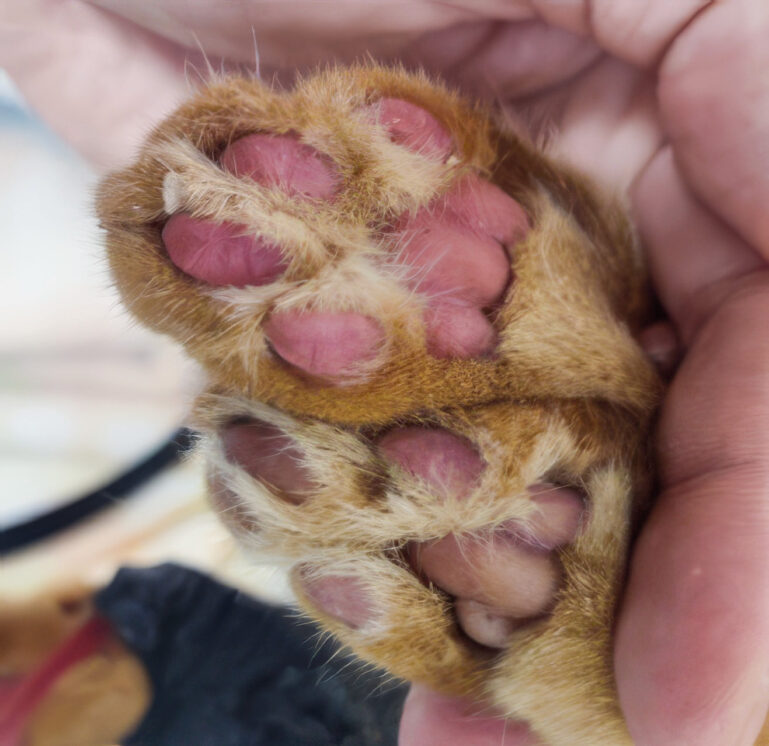 Comparativa de la coloración de las almohadillas de un paciente felino con FATE. Se observa un color más violáceo/azulado en la extremidad posterior (izquierda de la imagen).