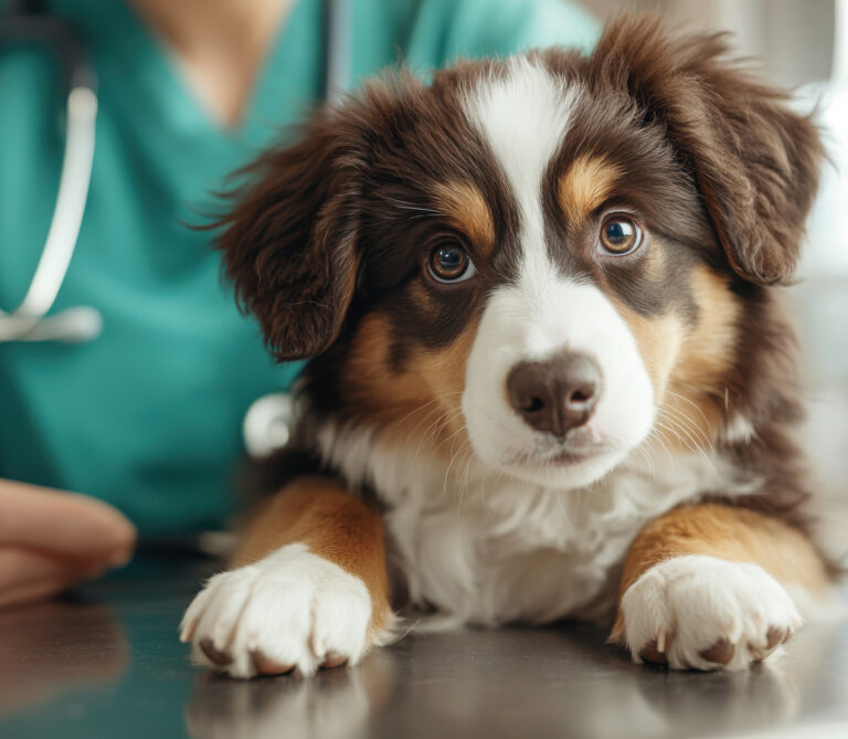 Perro cachorro en consulta veterinaria con mirada curiosa