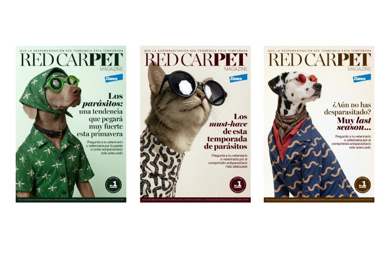 Revistas de moda para mascotas con perros y gatos en la campaña Red CarPET de Elanco