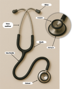 Fonendoscopio con etiquetas que indican sus partes principales.