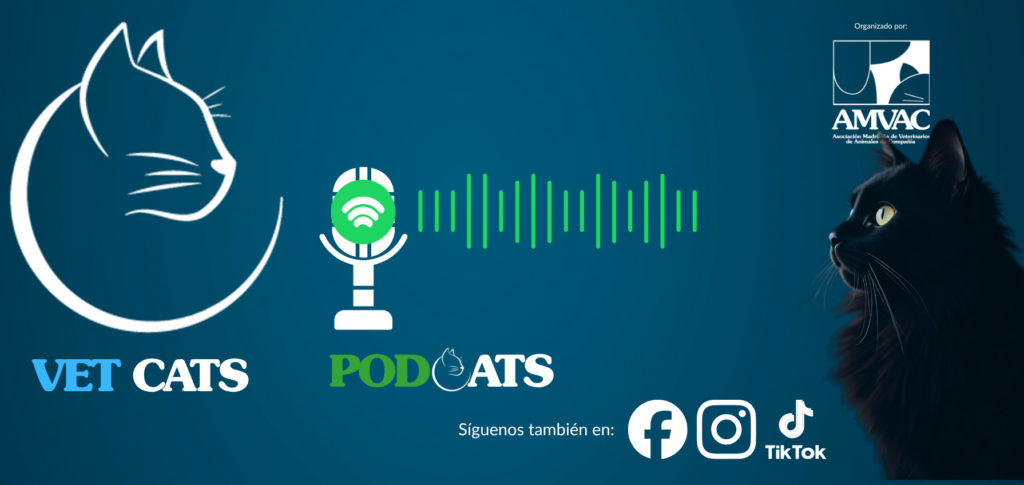 Banner del podcast Vet Cats con un micrófono y un gato negro