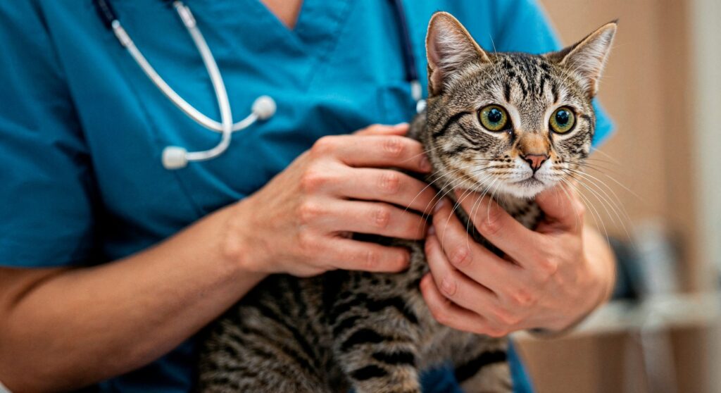 Un veterinario sostiene un gato en una clínica veterinaria.