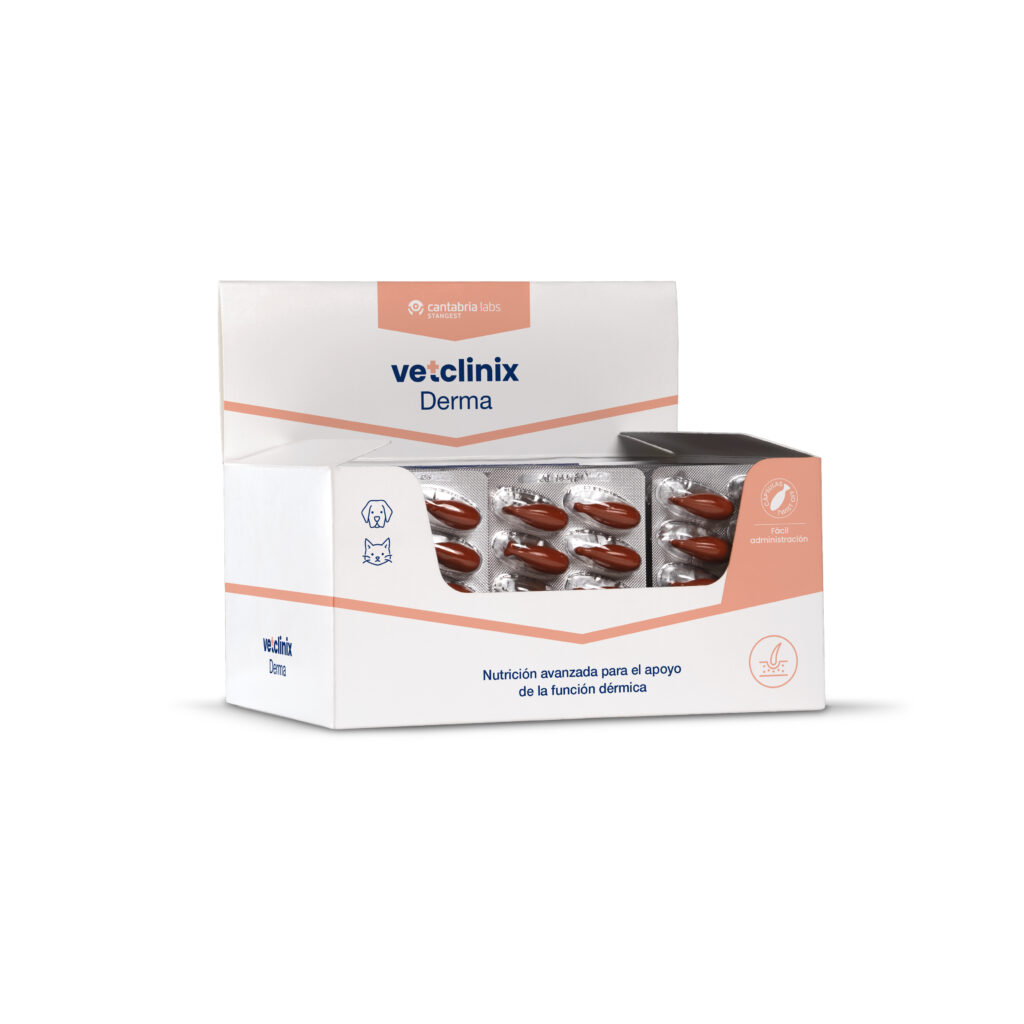 Caja de producto Vetclinix Derma para el cuidado de la piel de perros y gatos.