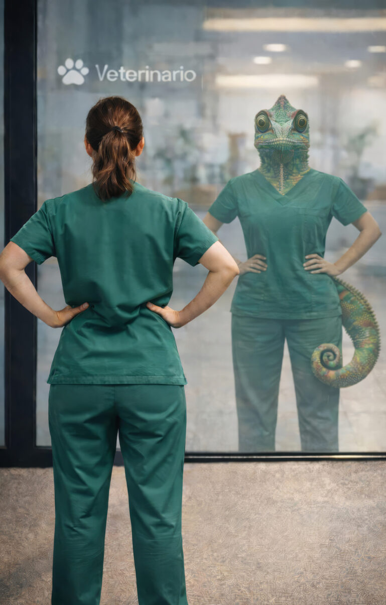 Veterinaria mirando su reflejo con cabeza de camaleón.