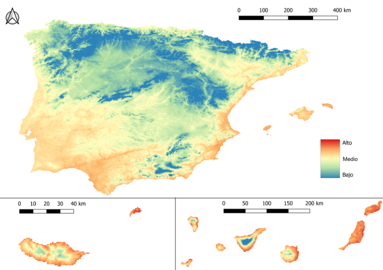 Mapa de riesgo de infección por D. immitis de la península ibérica, Islas Canarias y Madeira en el mes de octubre.