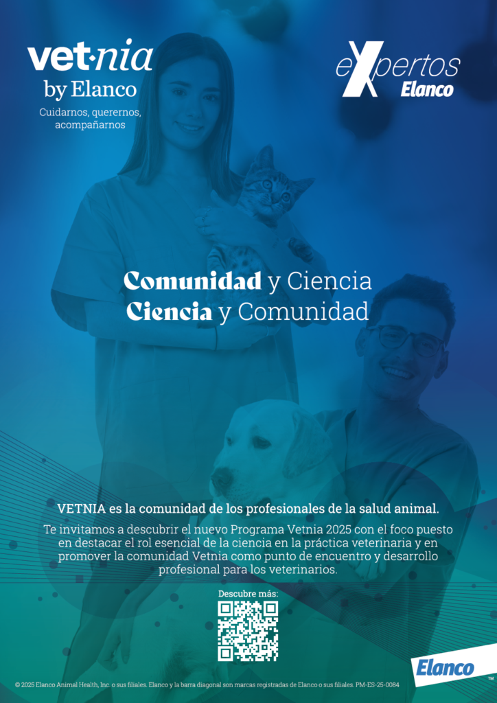 Anuncio de Vetnia con veterinarios y animales en un entorno profesional.
