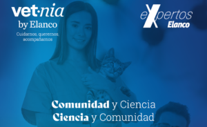 Anuncio de Vetnia con veterinarios y animales en un entorno profesional.
