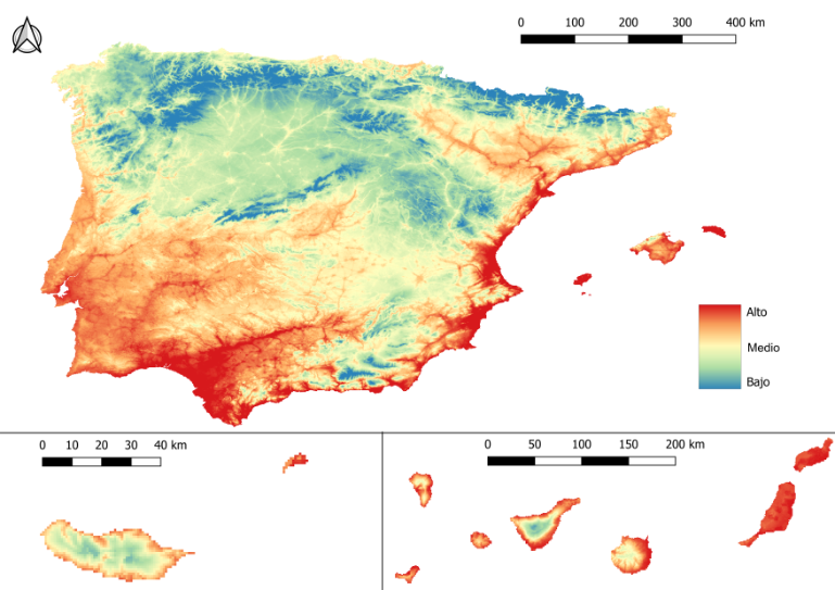Mapa de riesgo medio anual de infección por D. immitis en la península ibérica, Islas Canarias y Madeira.