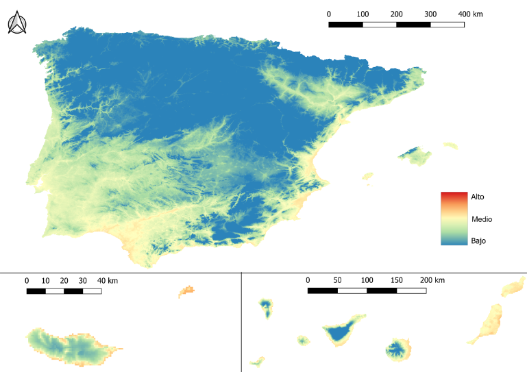 Mapa de riesgo de infección por D. immitis de la península ibérica, Islas Canarias y Madeira en el mes de abril.