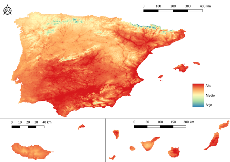 Mapa de riesgo de infección por D. immitis de la península ibérica, Islas Canarias y Madeira en el mes de julio.
