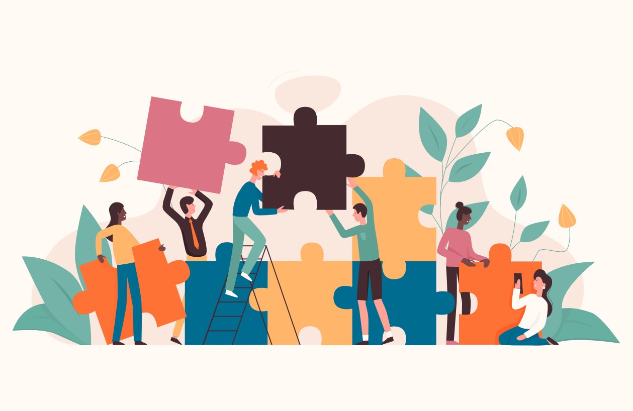 Ilustración de personas colaborando en la resolución de un rompecabezas