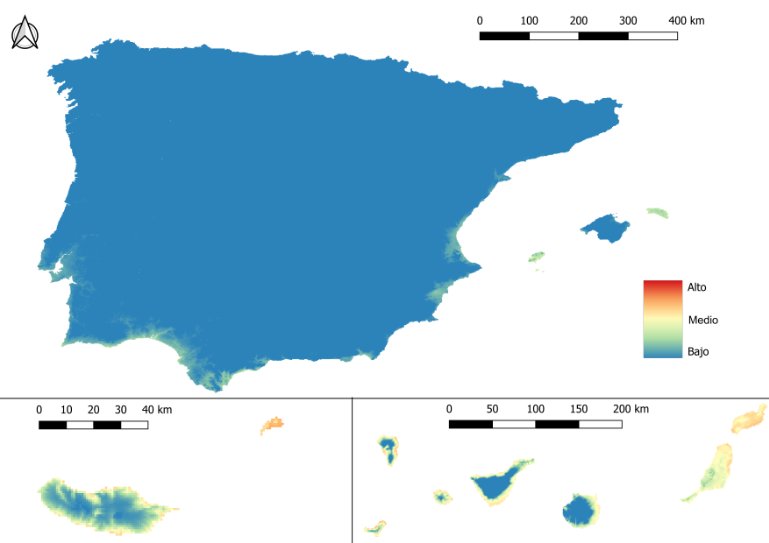 Mapa de riesgo de infección por D. immitis de la península ibérica, Islas Canarias y Madeira en el mes de enero.