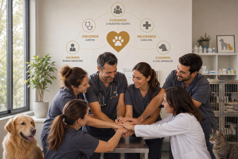 Equipo veterinario colaborando y cuidando a los animales