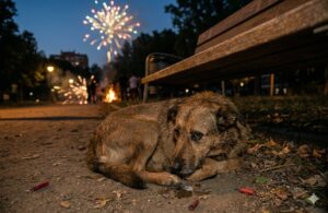 Perro asustado durante la noche de San Juan con fuegos artificiales