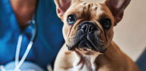 Perro bulldog francés en consulta veterinaria