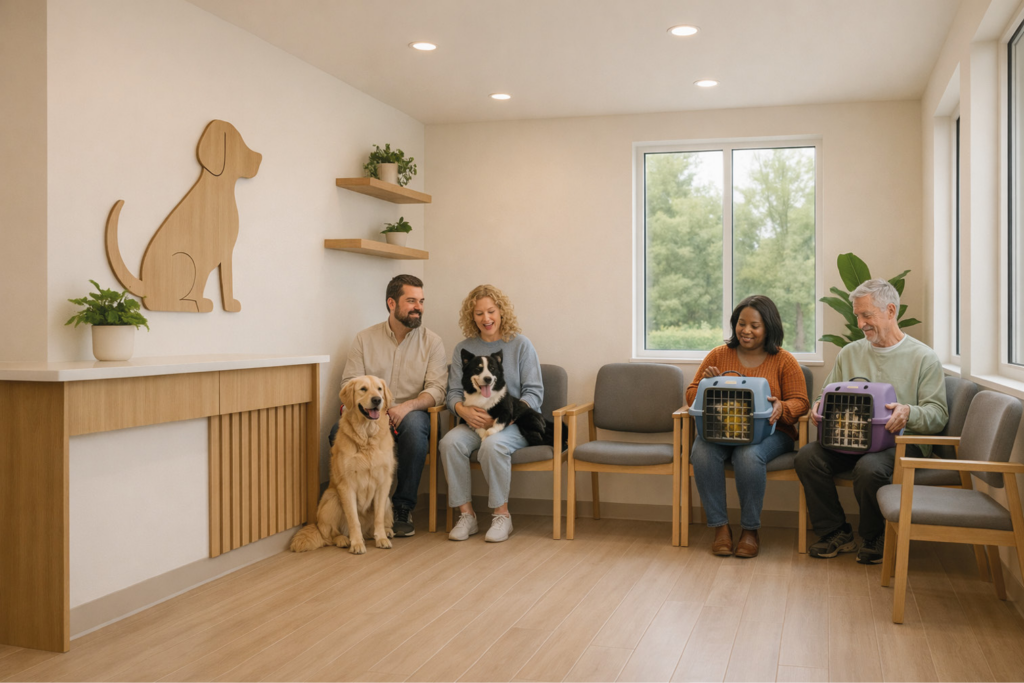Sala de espera moderna en una clínica veterinaria con decoración minimalista y llena de tutores y mascotas