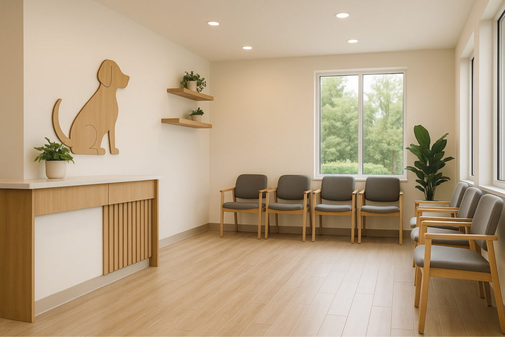 Sala de espera moderna en una clínica veterinaria con decoración minimalista.