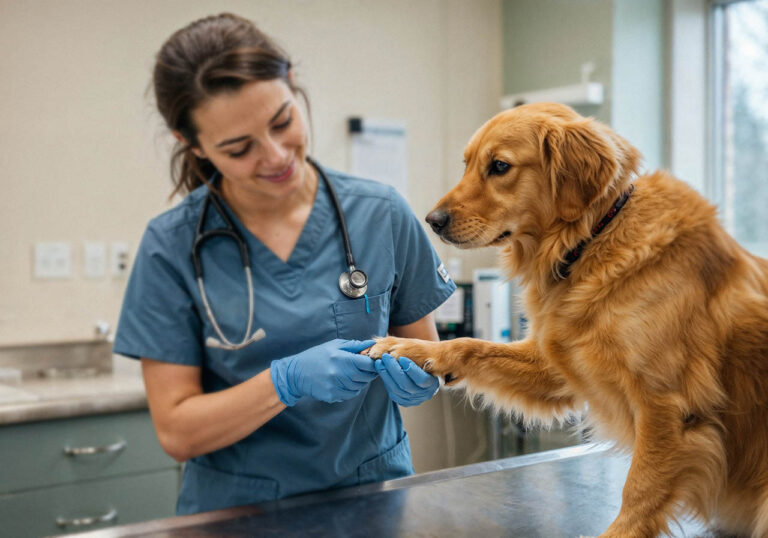 Veterinaria atendiendo a un perro golden retriever en consulta