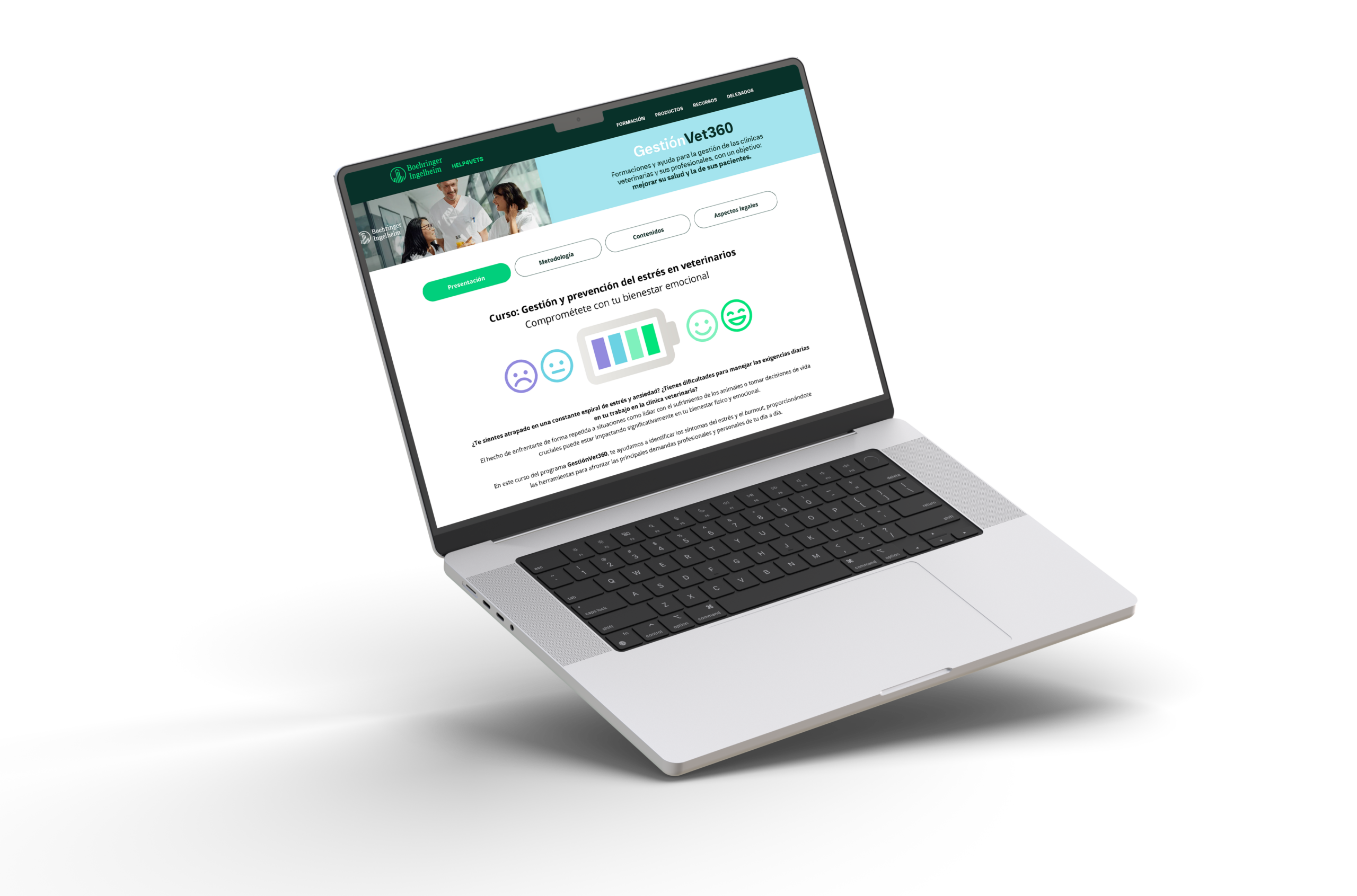 Laptop mostrando curso de gestión y prevención del estrés en veterinarios de Boehringer Ingelheim