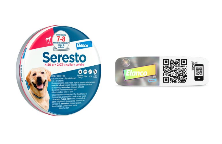 Collar Seresto para perros con código QR y tecnología Trustseal para detectar falsificaciones