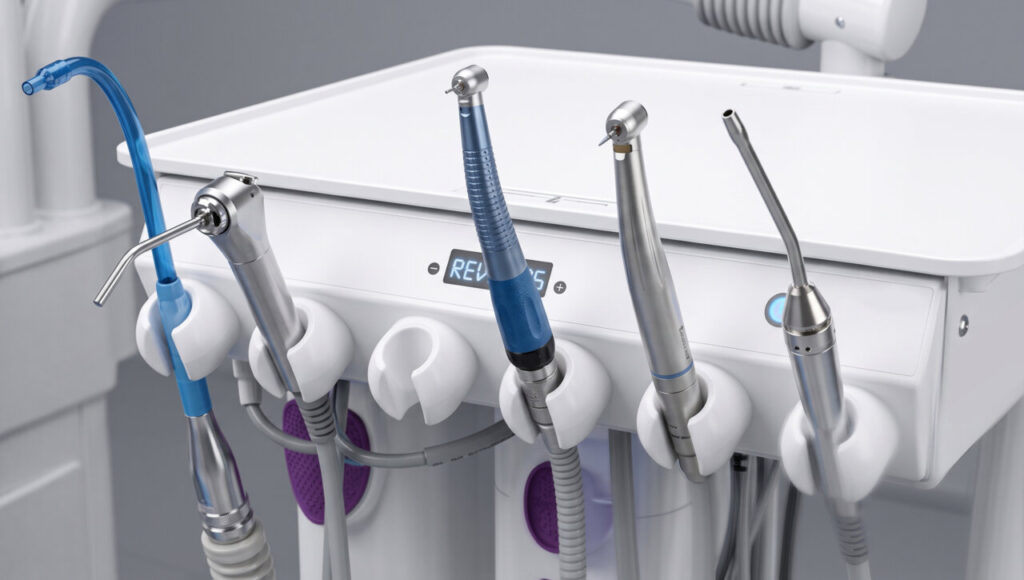 Unidad dental veterinaria equipada con ultrasonidos y micromotor.