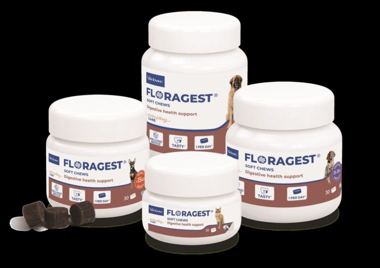 Envases de Floragest, suplemento digestivo para perros y gatos.