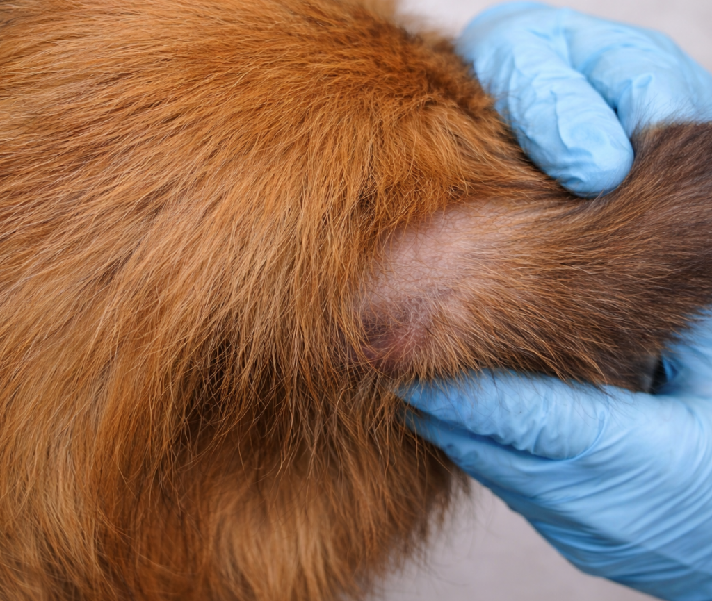 Alopecia y leve eritema en la cara externa de ambos pabellones auriculares.