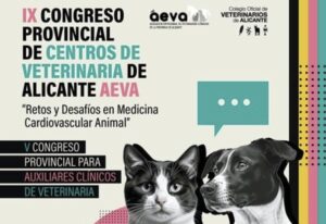 Cartel del IX Congreso Provincial de Veterinaria en Alicante con un gato y un perro