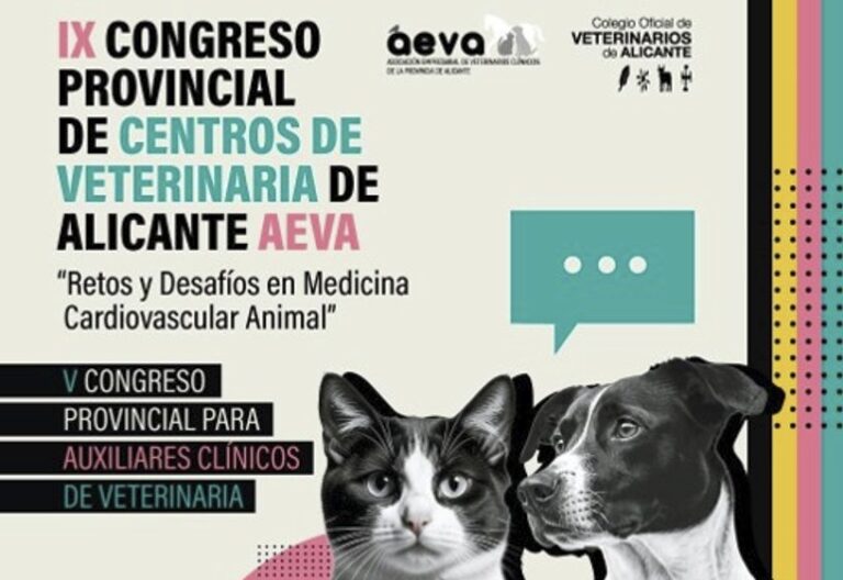 Cartel del IX Congreso Provincial de Veterinaria en Alicante con un gato y un perro
