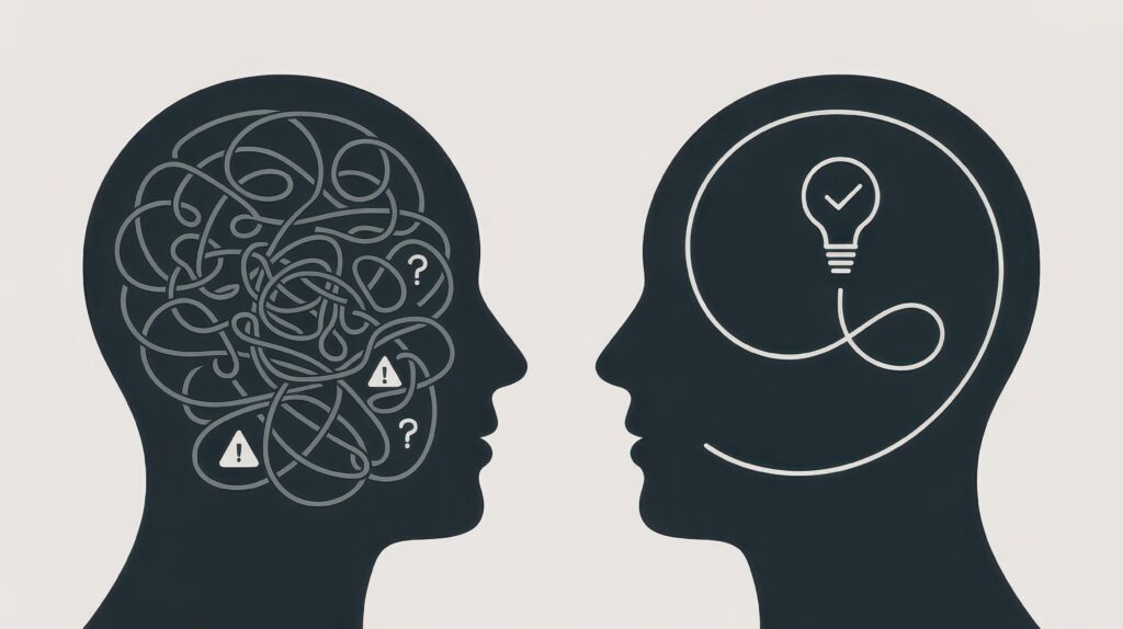 Ilustración de dos perfiles humanos con pensamientos enredados y claros.