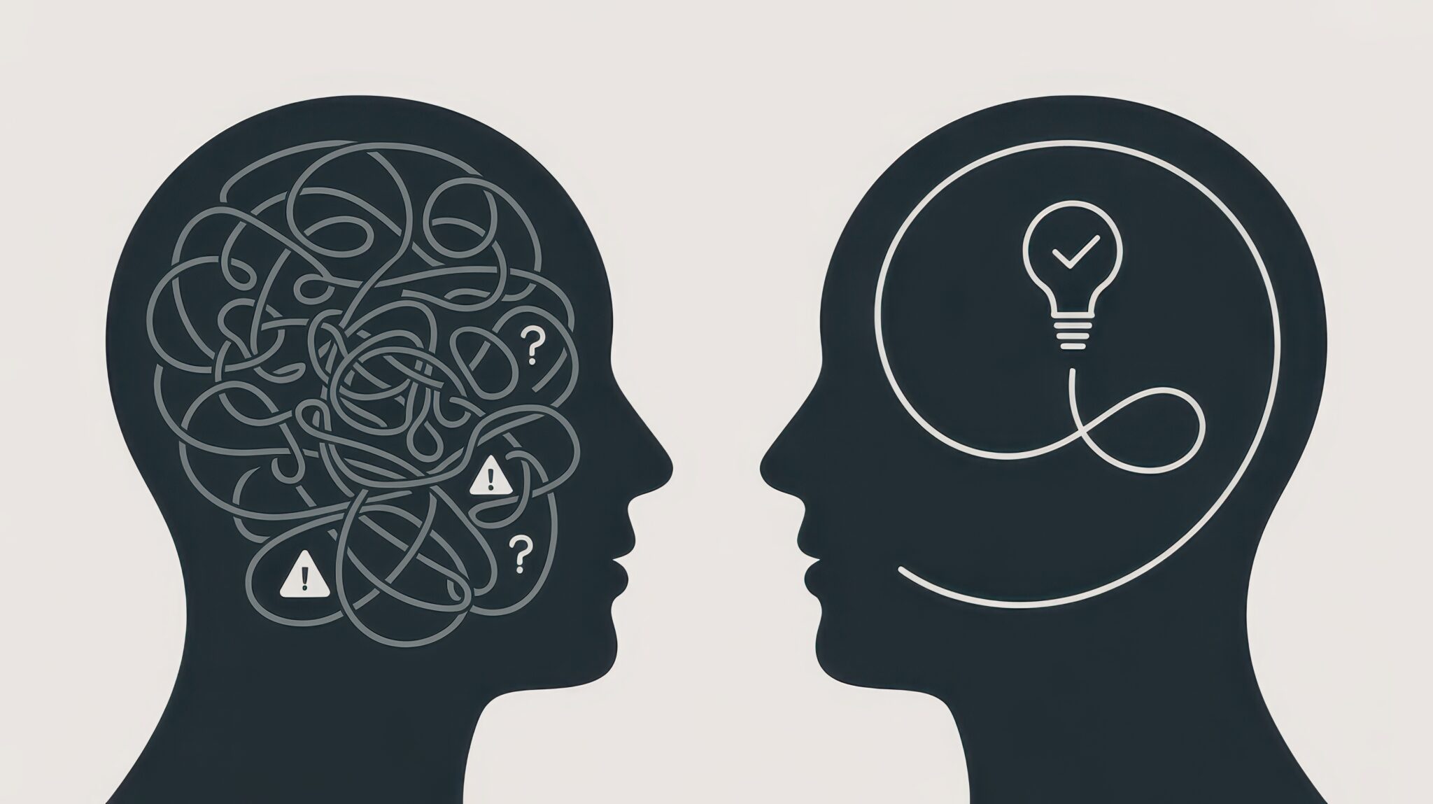 Ilustración de dos perfiles humanos con pensamientos enredados y claros.