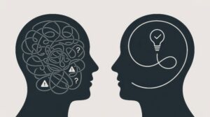 Ilustración de dos perfiles humanos con pensamientos enredados y claros.