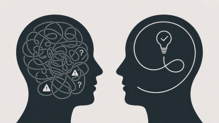 Ilustración de dos perfiles humanos con pensamientos enredados y claros.